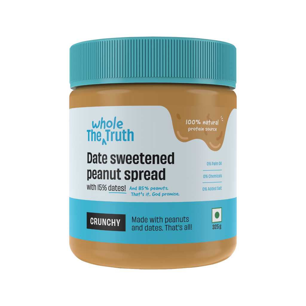 Jar of date sweetened peanut spread with blue lid and label on a white background