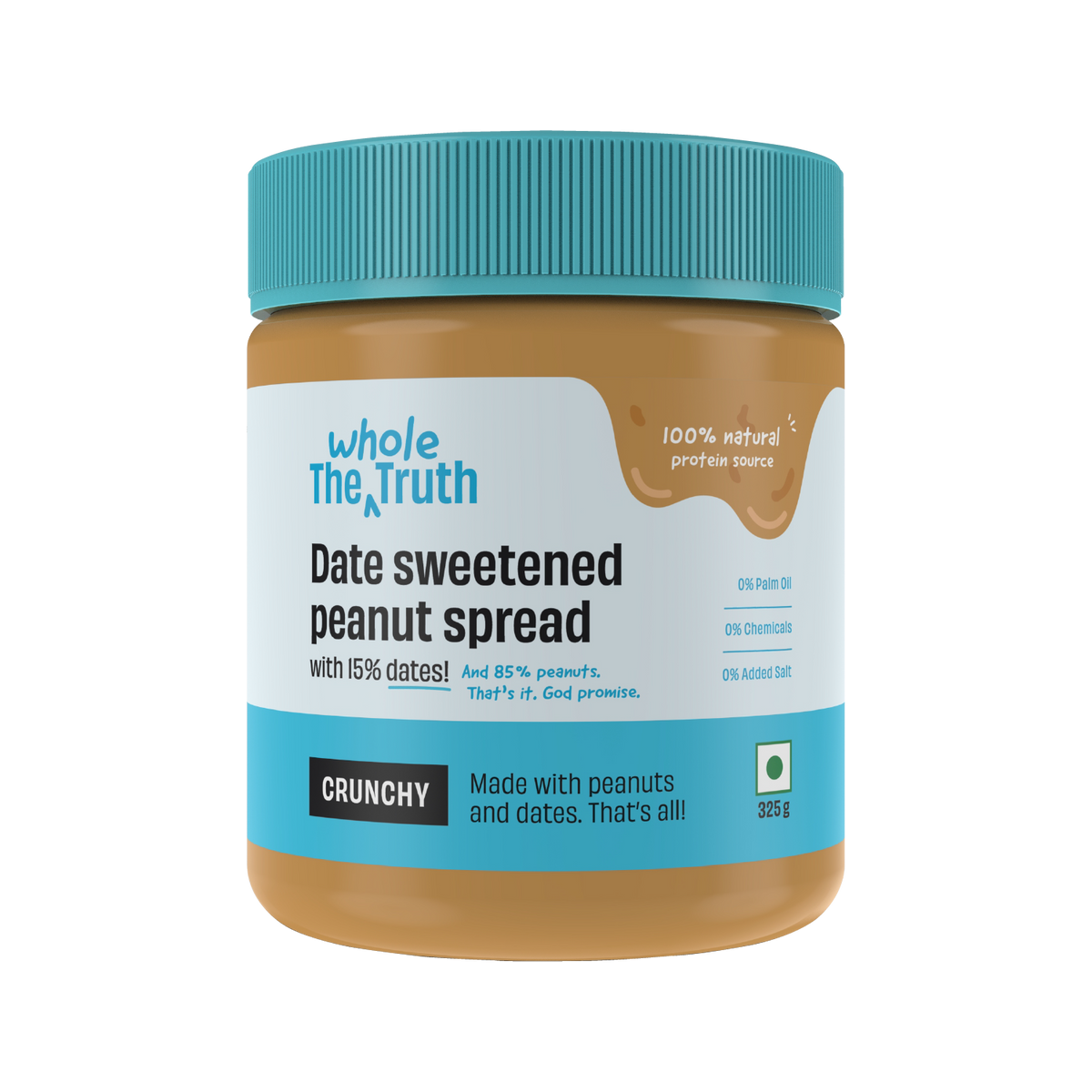 Jar of date sweetened peanut spread with blue lid and label on a white background