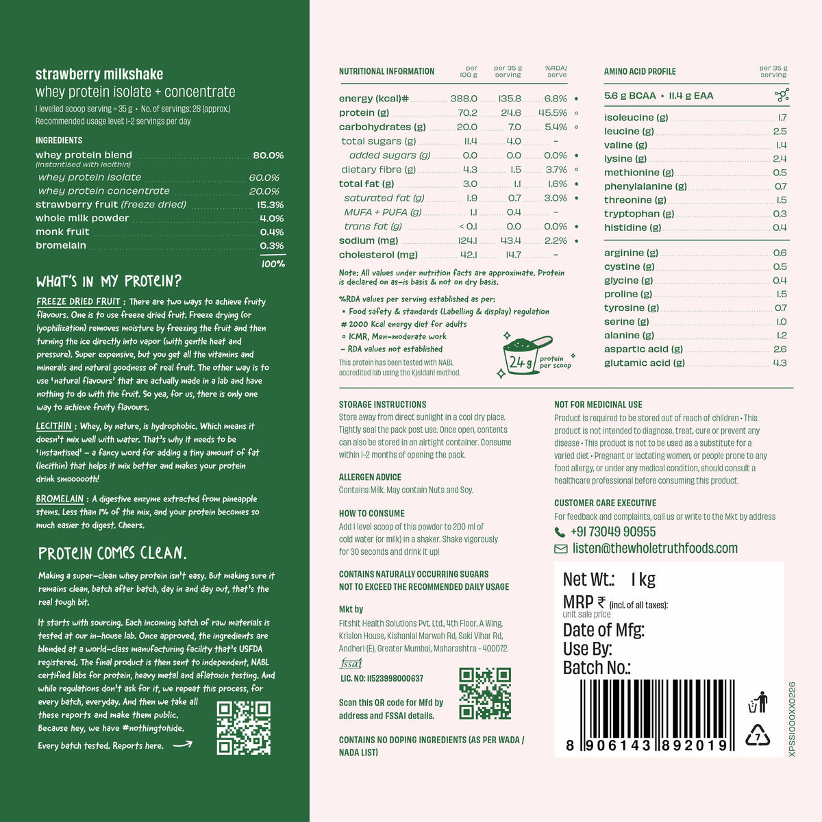 Strawberry Shake 24g Protein Powder - 1 Kg