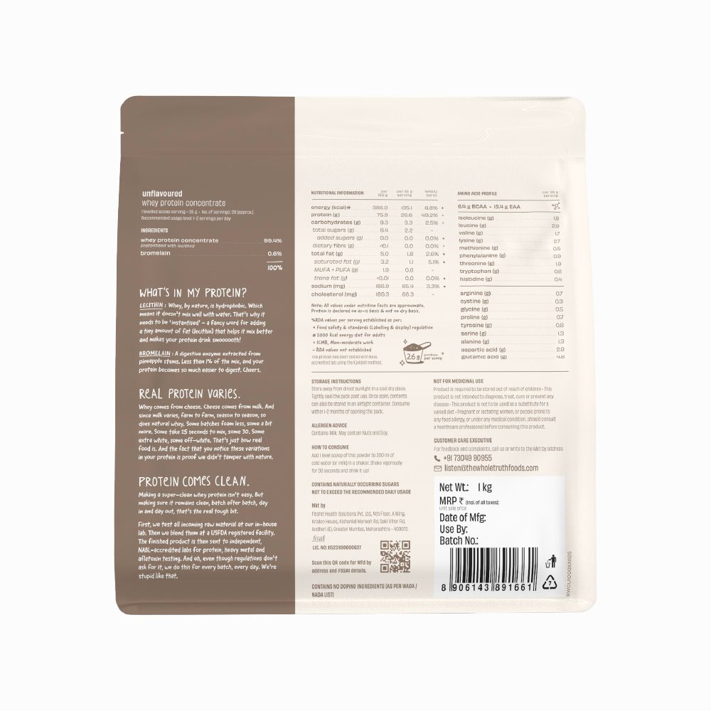 Unflavoured Raw Whey Protein Concentrate 26g - 1 Kg