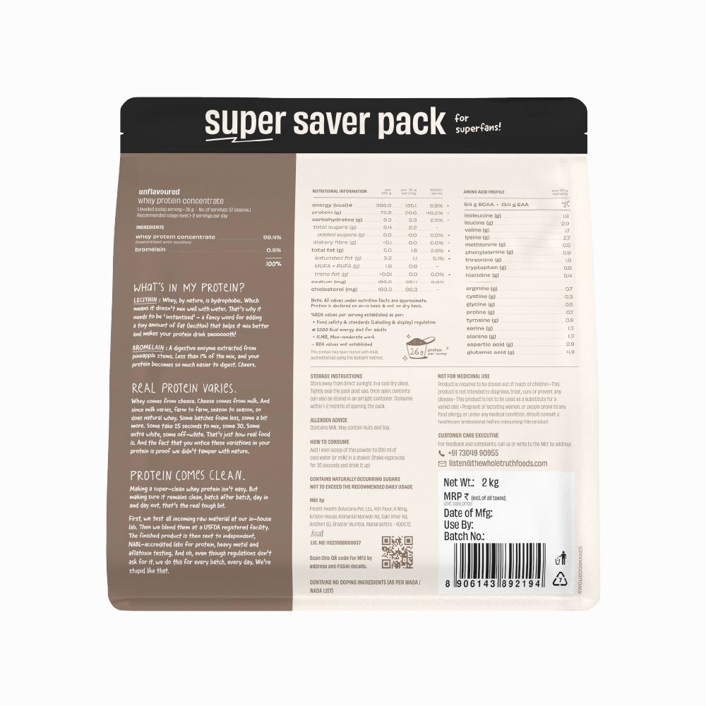 Unflavoured Raw Whey Protein Concentrate 26g - 2 Kg