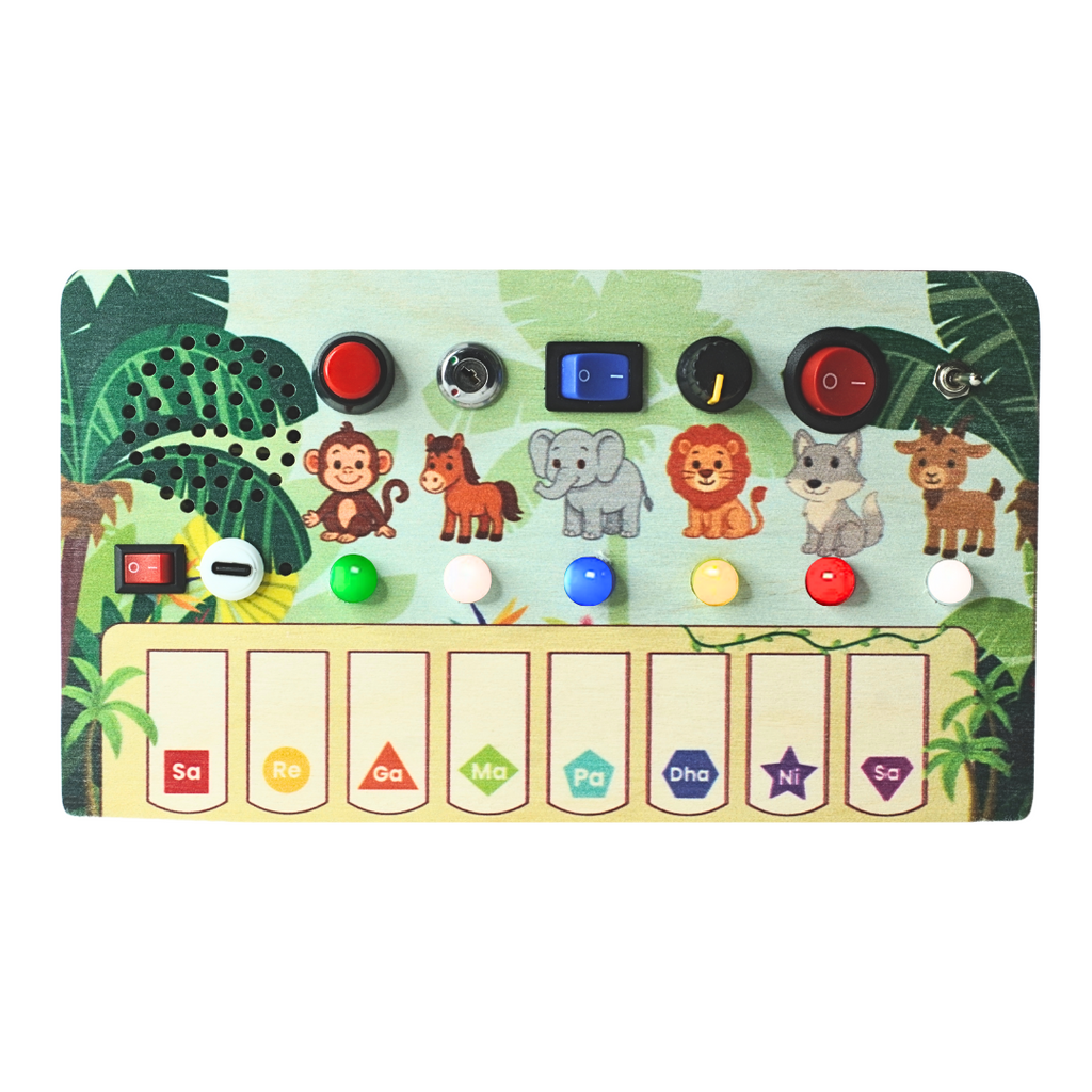 Jungle-themed graphics on the Montessori Jungle Piano busy board, featuring animals and nature elements.